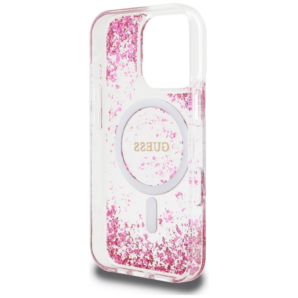Guess iPhone 16 Pro Max - HC Resin Bottom Glitter - MagSafe Σκληρή Θήκη με Πλαίσιο Σιλικόνης - Pink - GUHMP16XRGRGEP