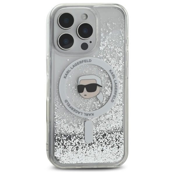 Karl Lagerfeld iPhone 16 Pro Max - Liquid Glitter Karl Head - MagSafe Σκληρή Θήκη με Πλαίσιο Σιλικόνης - Διάφανη - KLHMP16XLGKISGH