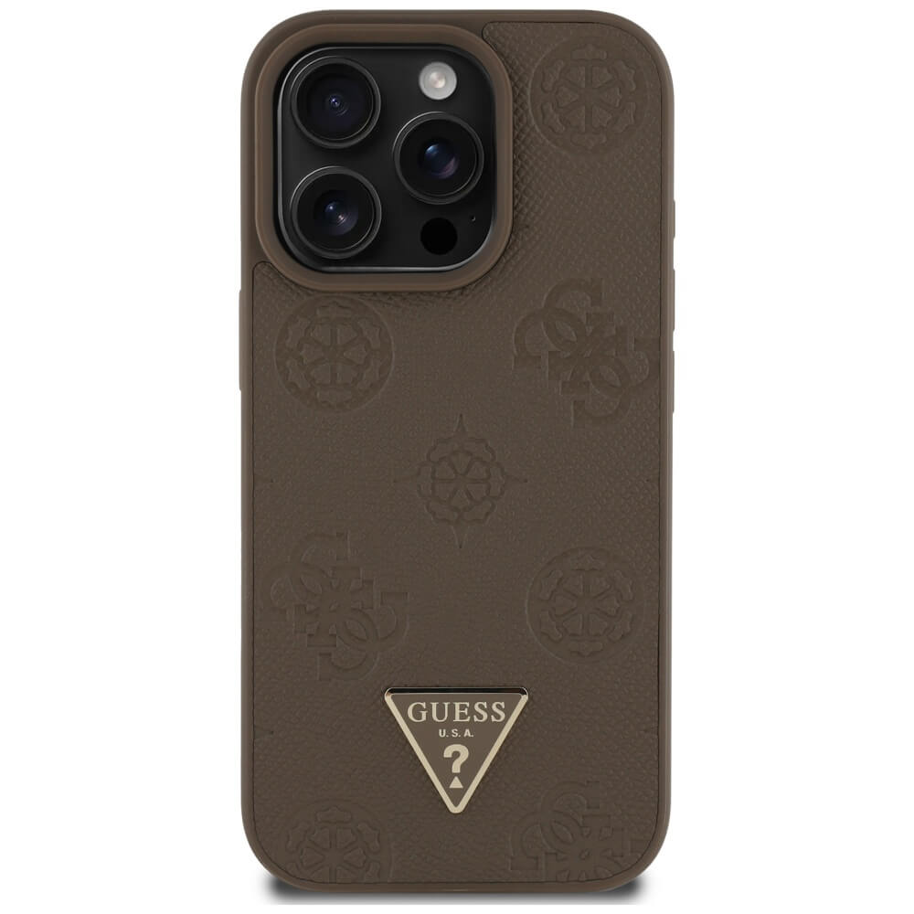 Guess iPhone 16 Pro Max - Grained Hot Stamp Peony Triangle Logo - MagSafe Σκληρή Θήκη με Επένδυση Συνθετικού Δέρματος - Brown - GUHMP16XPGBTMW