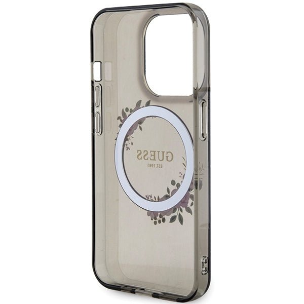 Guess iPhone 15 Pro IML Flowers Wreatch MagSafe Σκληρή Θήκη με Πλαίσιο Σιλικόνης και MagSafe - Black - GUHMP15LHFWFCK