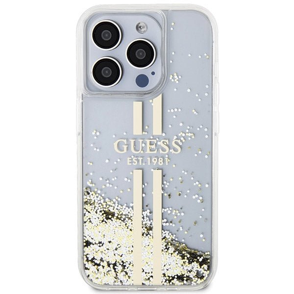 Guess iPhone 15 Pro Max Liquid Glitter Gold Stripes Σκληρή Θήκη με Πλαίσιο Σιλικόνης - Διάφανη - GUHCP15XLFCSEGT