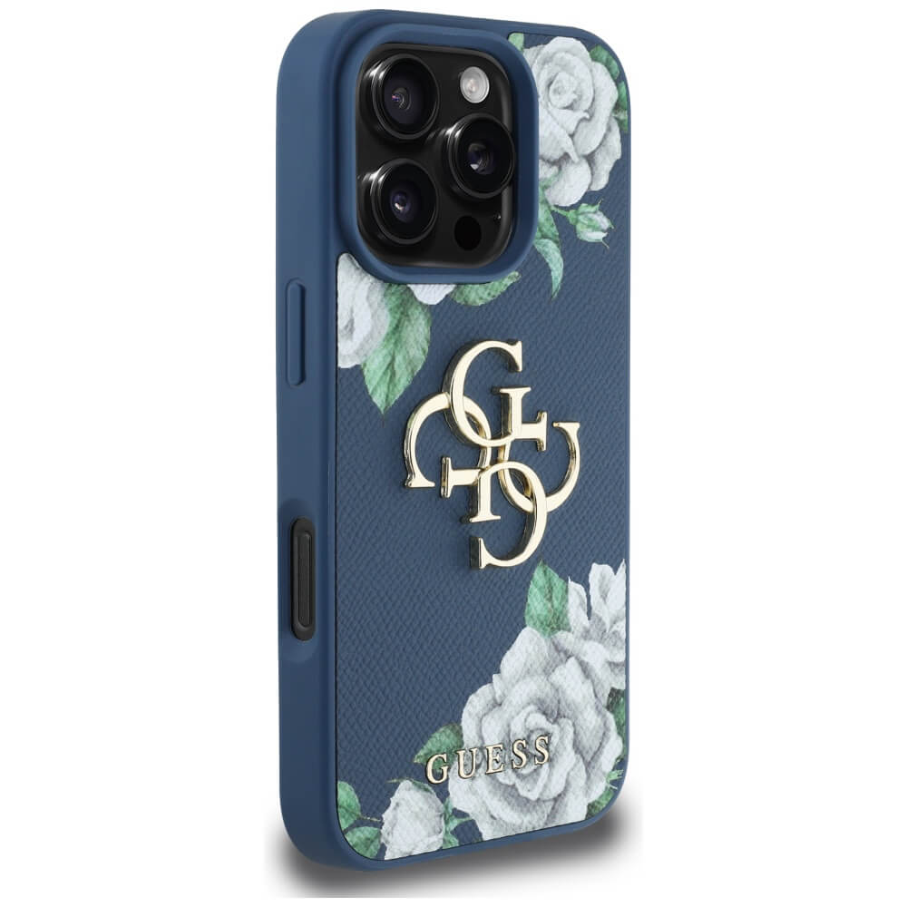 Guess iPhone 16 Pro - Grained Roses Big 4G Logo - Σκληρή Θήκη με Επένδυση από Οικολογικό Δέρμα - Blue - GUHCP16LPGROP4MB
