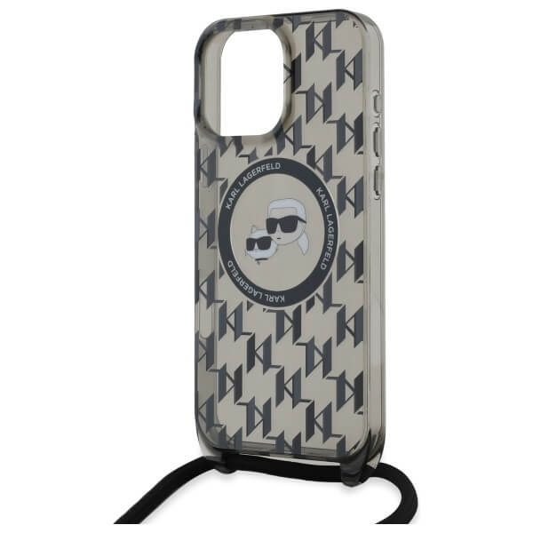 Karl Lagerfeld iPhone 16 Pro Max - IML Crossbody Monogram Karl and Choupette Head - MagSafe Σκληρή Θήκη με Πλαίσιο Σιλικόνης και Λουράκι - Black - KLHMP16XHCKCKLCK