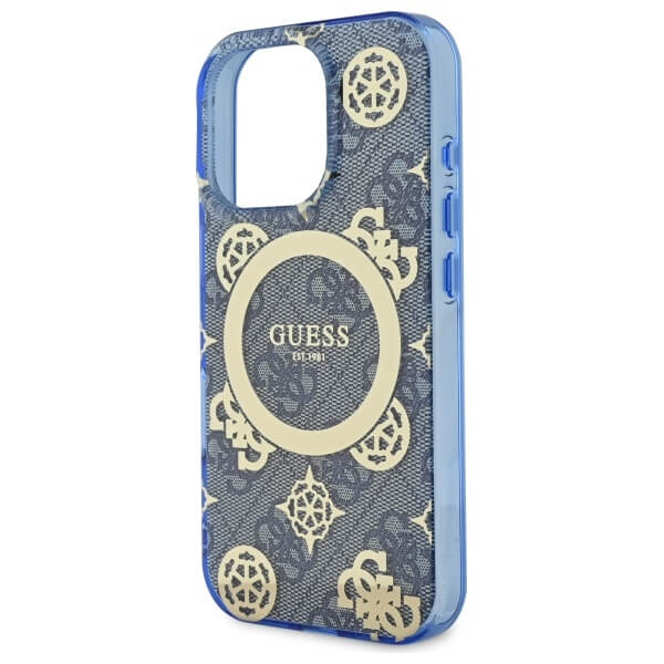 Guess iPhone 16 Pro Max - IML Peony On 4G Background - MagSafe Θήκη με Επένδυση Συνθετικού Δέρματος - Blue - GUHMP16XH4PYEEB