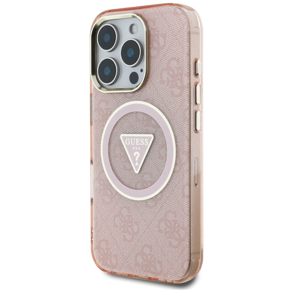 Guess iPhone 16 Pro - IML Metal Glitter 4G Circle Triangle MagSafe - Σκληρή Θήκη με Πλαίσιο Σιλικόνης και MagSafe - Pink - GUHMP16LHG4PRTGP