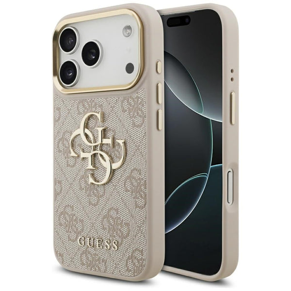Guess iPhone 17 Pro - 4G Big 4G Classic Logo - Σκληρή Θήκη με Πλαίσιο Σιλικόνης και Επένδυση από Οικολογικό Δέρμα - Pink / Gold - GUHCP17L4GMGCPI