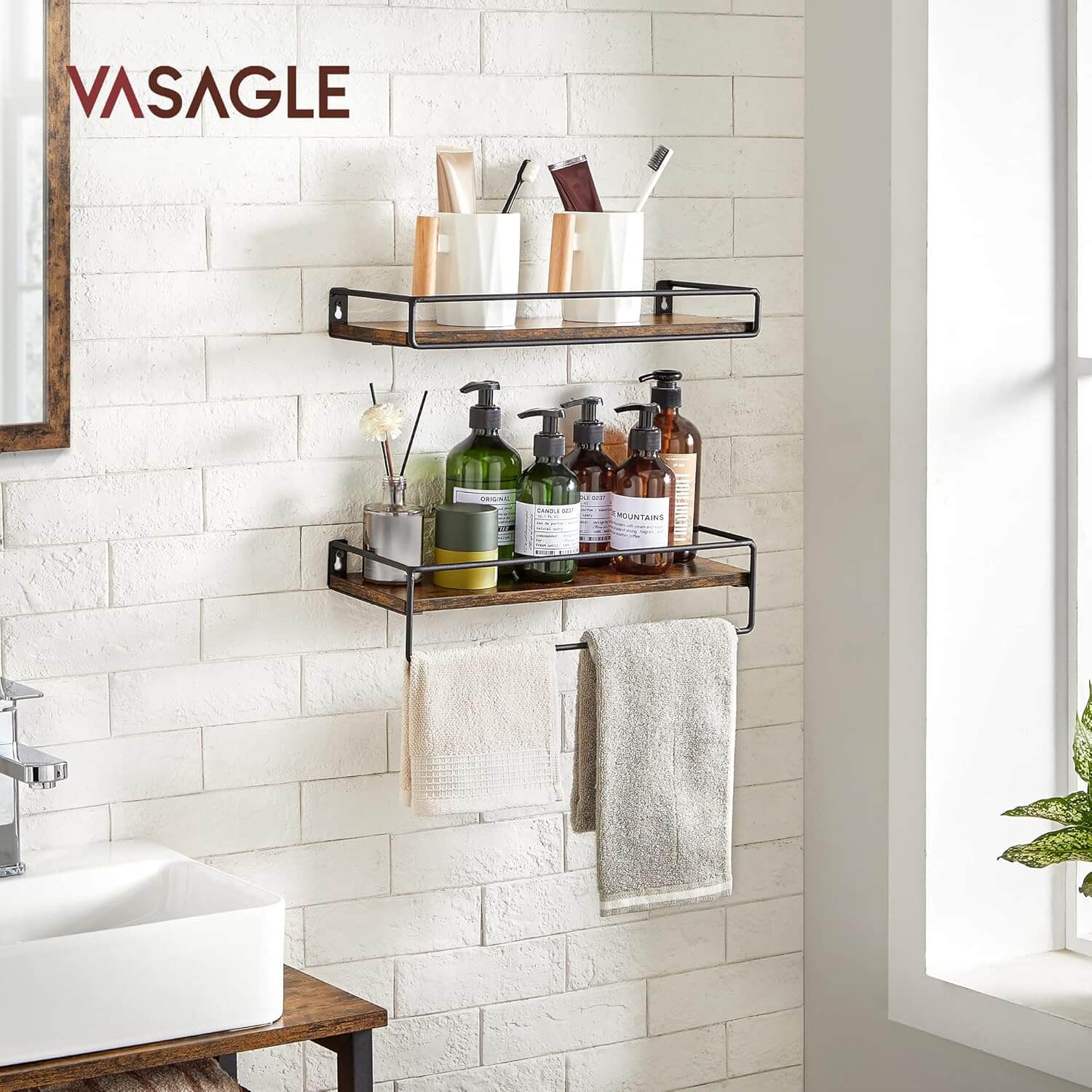 Vasagle Σετ με 2 Επιτοίχια Ράφια - 40 x 15.5 cm - Vintage Brown / Black - LWS441B01