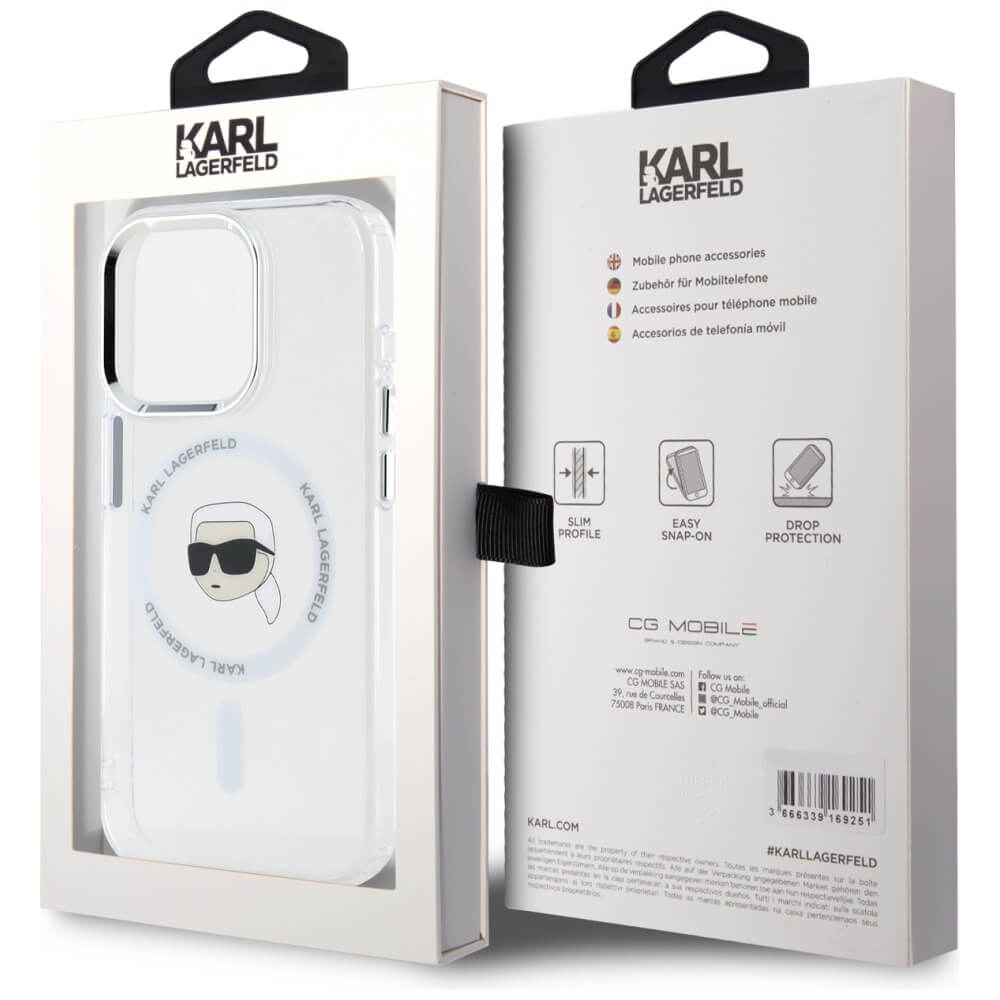 Karl Lagerfeld iPhone 15 Pro - IML Metal Karl Head - MagSafe Σκληρή Θήκη με Πλαίσιο Σιλικόνης - White - KLHMP15LHLSKIH