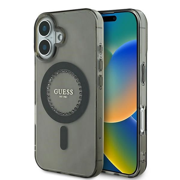 Guess iPhone 16 - IML Rhinestones - MagSafe Σκληρή Θήκη με Πλαίσιο Σιλικόνης - Black - GUHMP16SPFTDTEK
