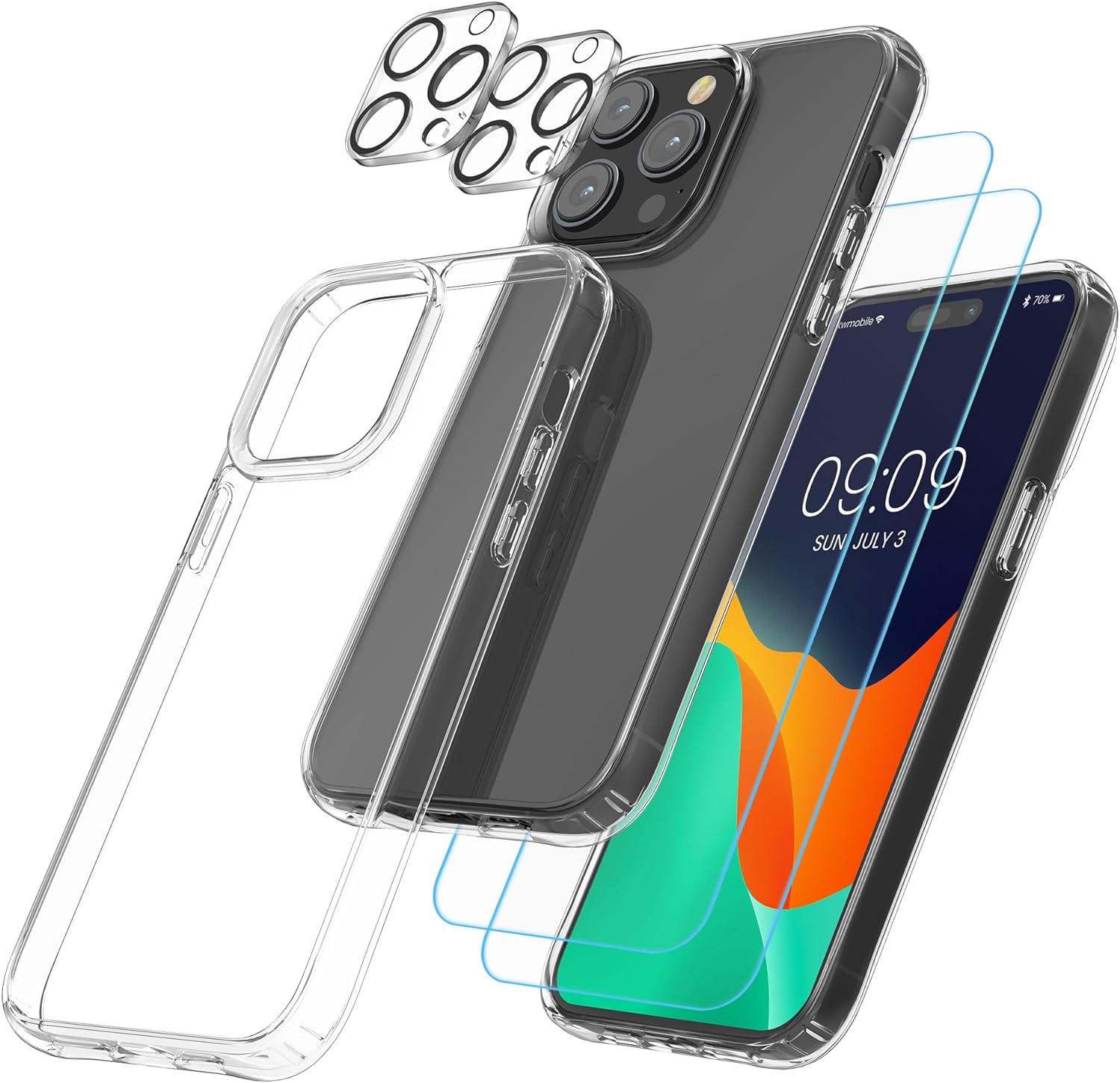 KW iPhone 15 Pro Σετ με 1 Θήκη, 2 Αντιχαρακτικά Γυαλιά Οθόνης και 2 Αντιχαρακτικά Γυαλιά για την Κάμερα - Διάφανα - 62027.03