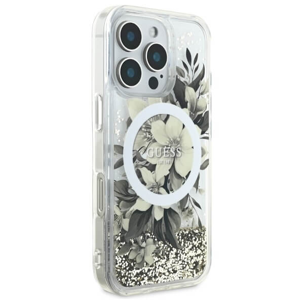 Guess iPhone 16 Pro - Liquid Glitter Flower MagSafe - Σκληρή Θήκη με Πλαίσιο Σιλικόνης - Beige - GUHMP16LLFMWTE