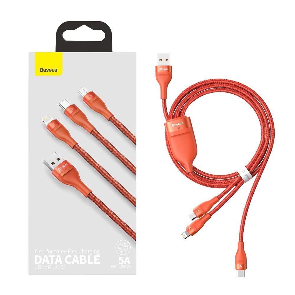 Baseus Flash Series 3in1 - Καλώδιο Γρήγορης Φόρτισης και Δεδομένων 5A 40W 1.2m - Micro USB / Lightning / Type - C - Orange - CA1T3 - 07