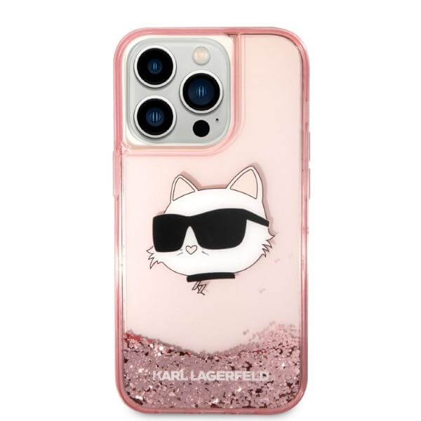 Karl Lagerfeld iPhone 14 Pro Max - Liquid Glitter Choupette's Head Σκληρή Θήκη με Πλαίσιο Σιλικόνης - Pink - KLHCP14XLNCHCP