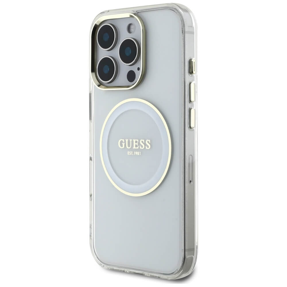 Guess iPhone 16 Pro IML Metal Colored Circle Classic Logo MagSafe Σκληρή Θήκη με Πλαίσιο Σιλικόνης και MagSafe - White - GUHMP16LHTDRCEDH