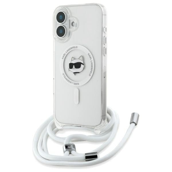 Karl Lagerfeld iPhone 16 - IML Choupette Head and Cord - MagSafe Σκληρή Θήκη με Πλαίσιο Σιλικόνης και Λουράκι - Διάφανη - KLHMP16SHCCHNT