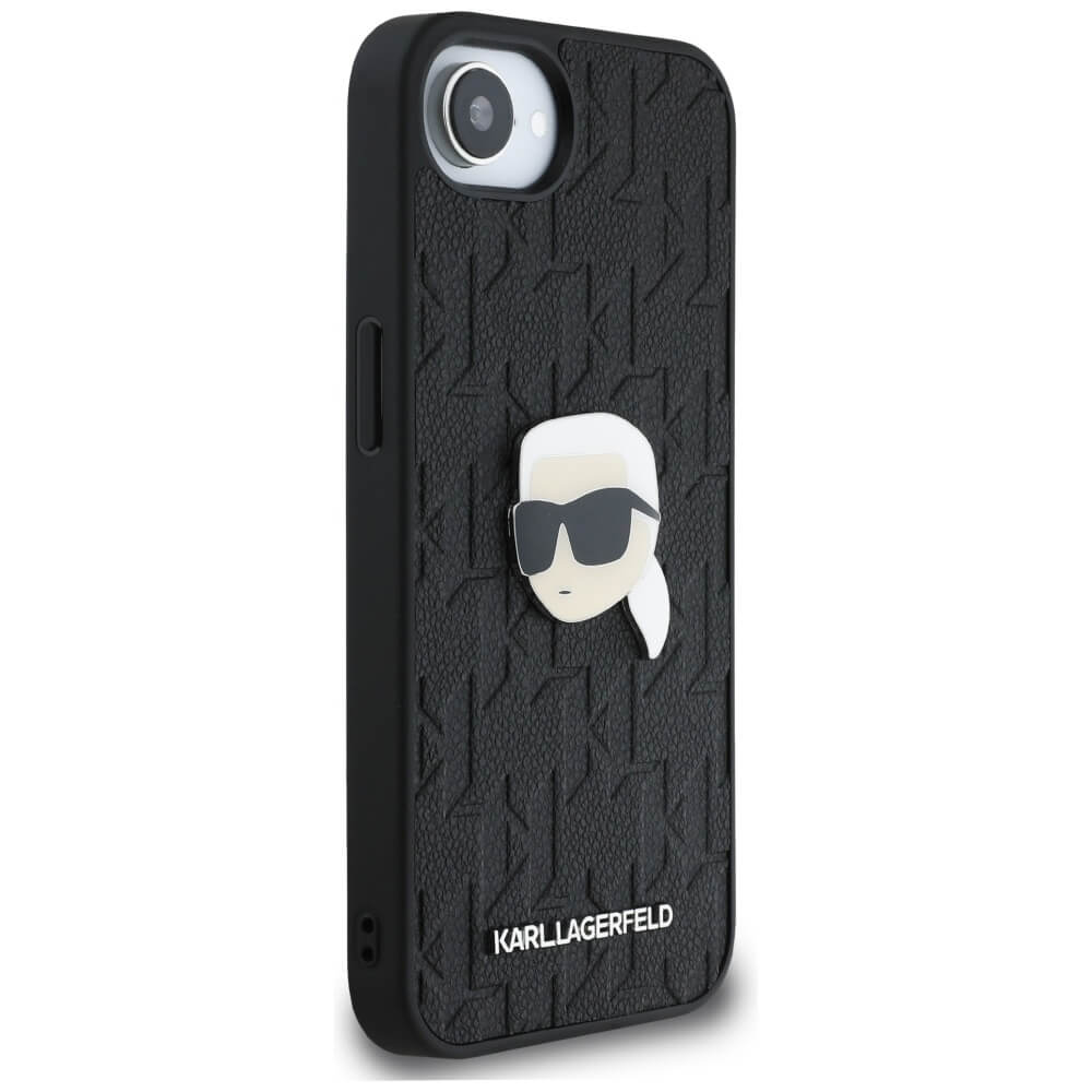Karl Lagerfeld iPhone 16e - Monogram Karl Head Pin Σκληρή Θήκη με Επένδυση Συνθετικού Δέρματος - Black - KLHCPSE4PGKLKIPK