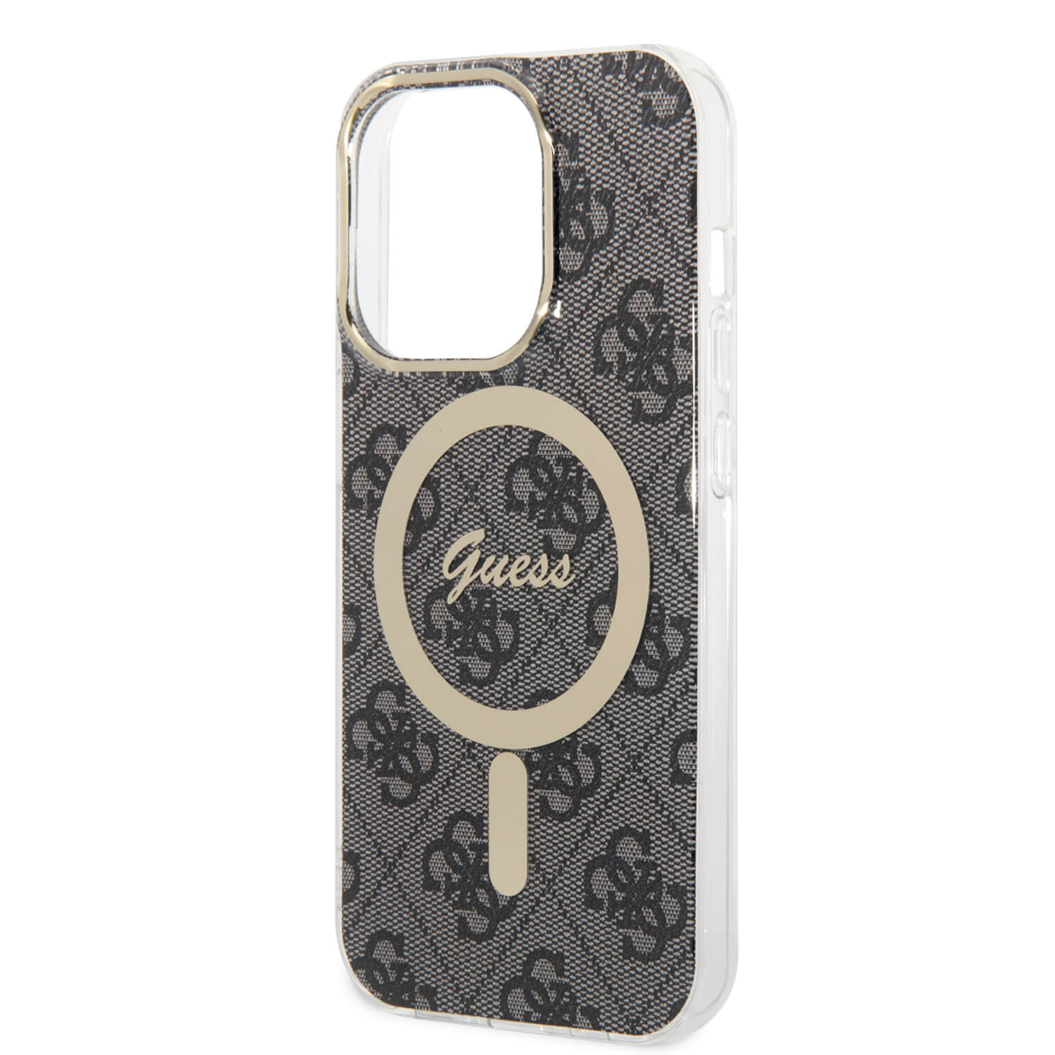 Guess iPhone 14 Pro - Bundle Pack MagSafe - Σετ Σκληρή Θήκη με Πλαίσιο Σιλικόνης και Ασύρματος Φορτιστής MagSafe - Design 4G and Gold - Black - GUBPP14LH4EACSK