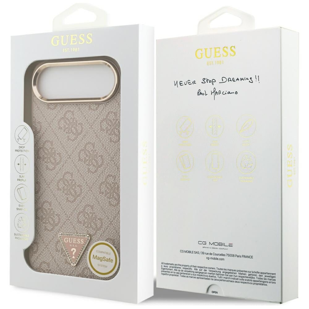 Guess iPhone Air - 4G Triangle Strass Logo MagSafe - Σκληρή Θήκη με Επένδυση Συνθετικού Δέρματος - Pink / Gold - GUHMP17MP4GTDGMP