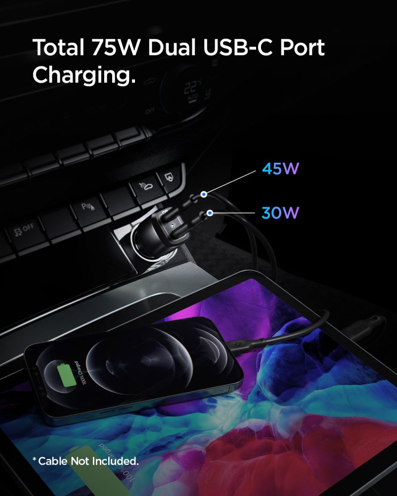 Spigen PC2200 Arcstation Φορτιστής Αυτοκινήτου Γρήγορης Φόρτισης με 2 Θύρες Type - C 45W και 30W QC - Black