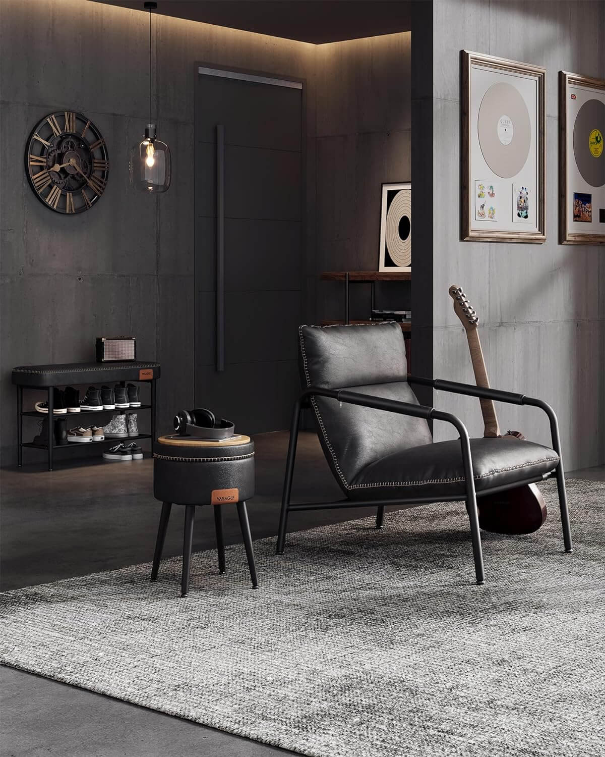 Vasagle EKHO Πάγκος / Σκαμπό με Κάθισμα από Συνθετικό δέρμα και 2 Ράφια - 30 x 80 x 50 cm - Ink Black - LSB054BH01