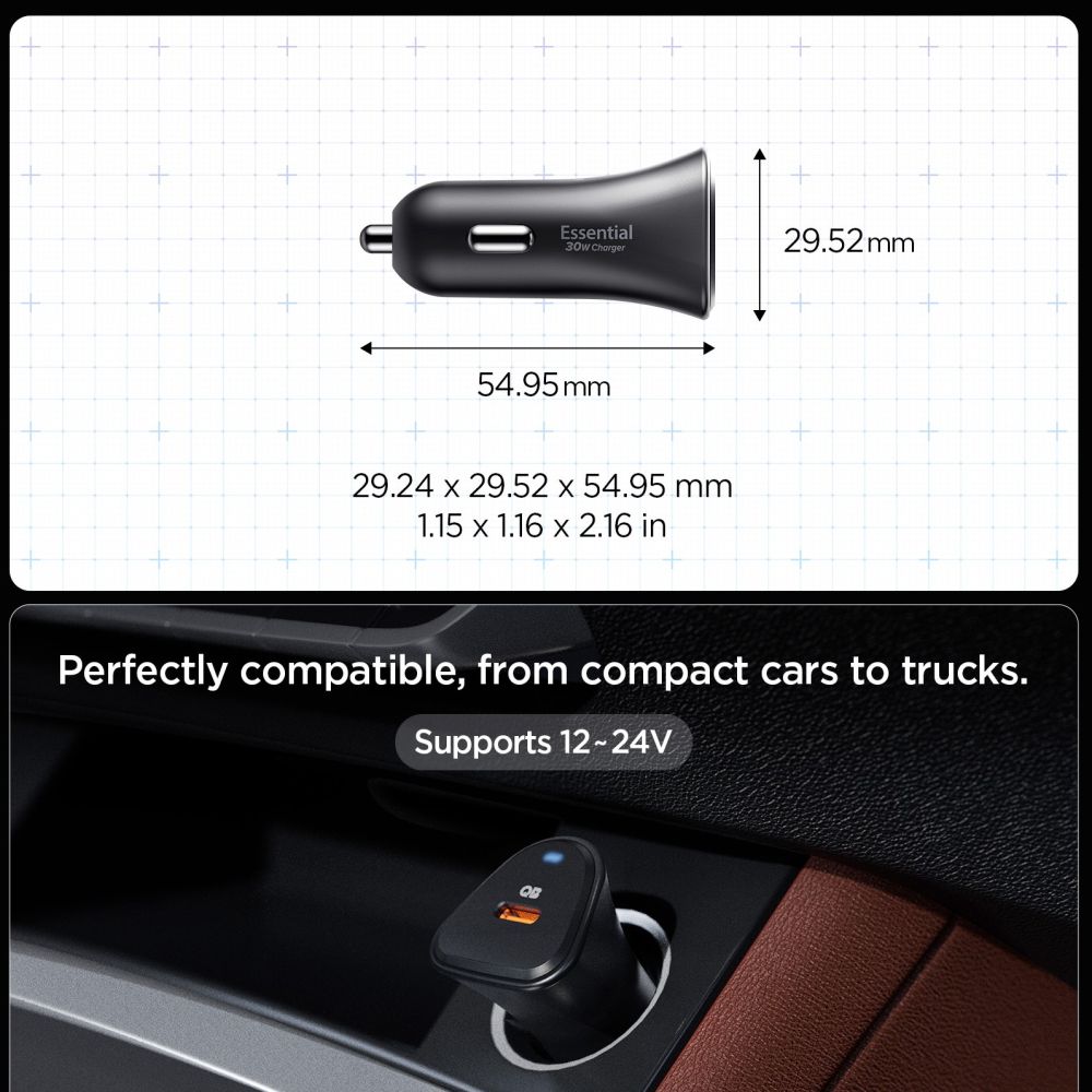 Spigen Essential EV301 Φορτιστής Αυτοκινήτου Γρήγορης Φόρτισης 30W με 1 Θύρα USB - C - Black
