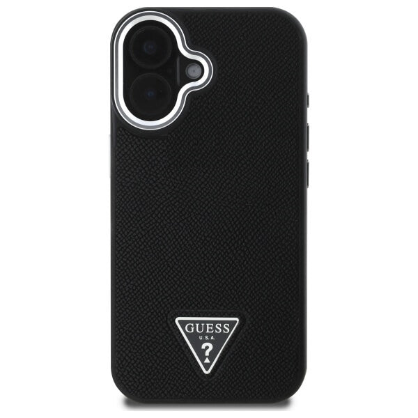 Guess iPhone 16 Plus - Grained Triangle MagSafe - Σκληρή Θήκη με Επένδυση Συνθετικού Δέρματος και Πλαίσιο Σιλικόνης - Black - GUHMP16MPGTSPSK