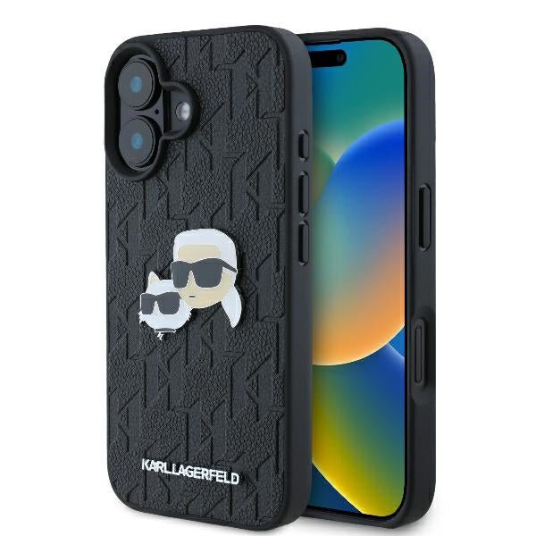 Karl Lagerfeld iPhone 16 Plus - Monogram Karl and Choupette Head Pin Σκληρή Θήκη με Επένδυση Συνθετικού Δέρματος - Black - KLHCP16MPGKLKCPK