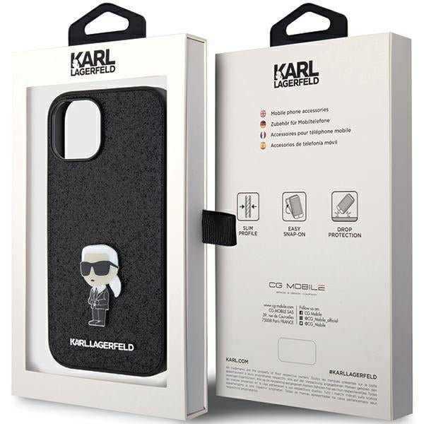 Karl Lagerfeld iPhone 15 - Glitter Ikonik Logo Metal Logo Σκληρή Θήκη με Πλαίσιο Σιλικόνης - Black - KLHCP15SGKNPSK