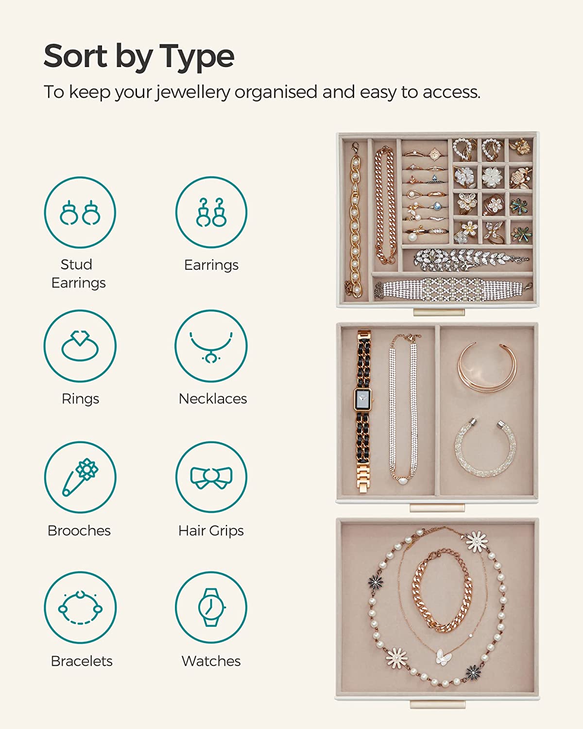 Songmics Κουτί Αποθήκευσης Κοσμημάτων με 3 Επίπεδα - White - JBC239WTV1