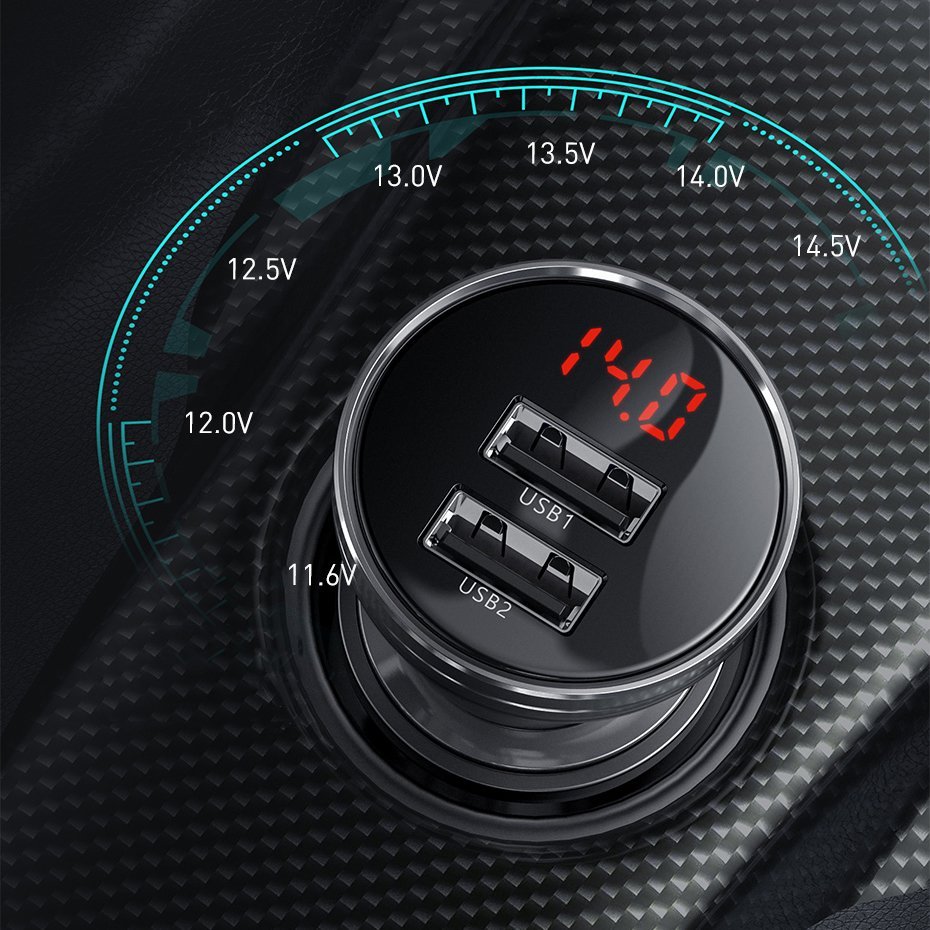 Baseus Digital Display Φορτιστής Αυτοκινήτου 4.8A με Δύο Θύρες USB - Grey - CCBX - 0G