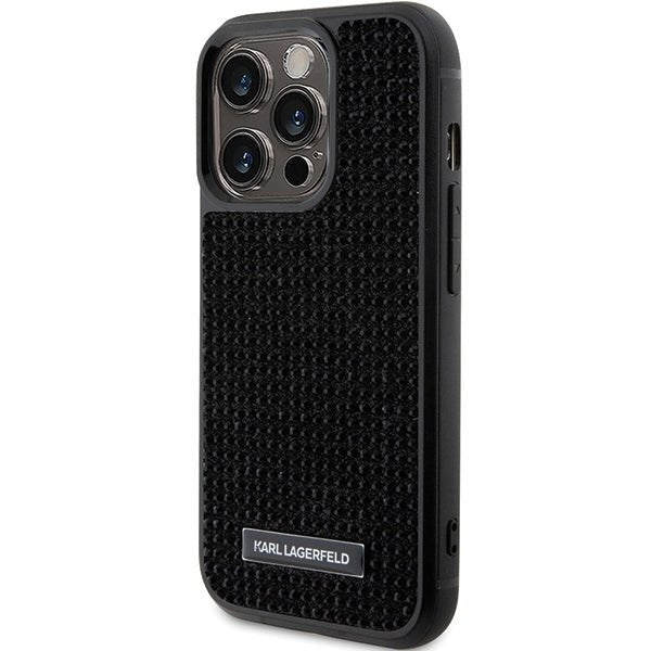 Karl Lagerfeld iPhone 15 Pro Max - Rhinestone Logo Metal Plate Σκληρή Θήκη με Πλαίσιο Σιλικόνης - Black - KLHCP15XHDSPLK