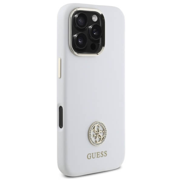 Guess iPhone 16 Pro Max - Silicone Logo Strass 4G - Σκληρή Θήκη με Πλαίσιο Σιλικόνης - White - GUHCP16XM4DGPH