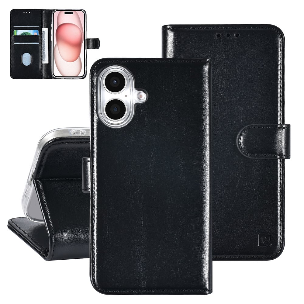 Tuniq iPhone 16 - Θήκη Πορτοφόλι Stand από Δερματίνη - Black