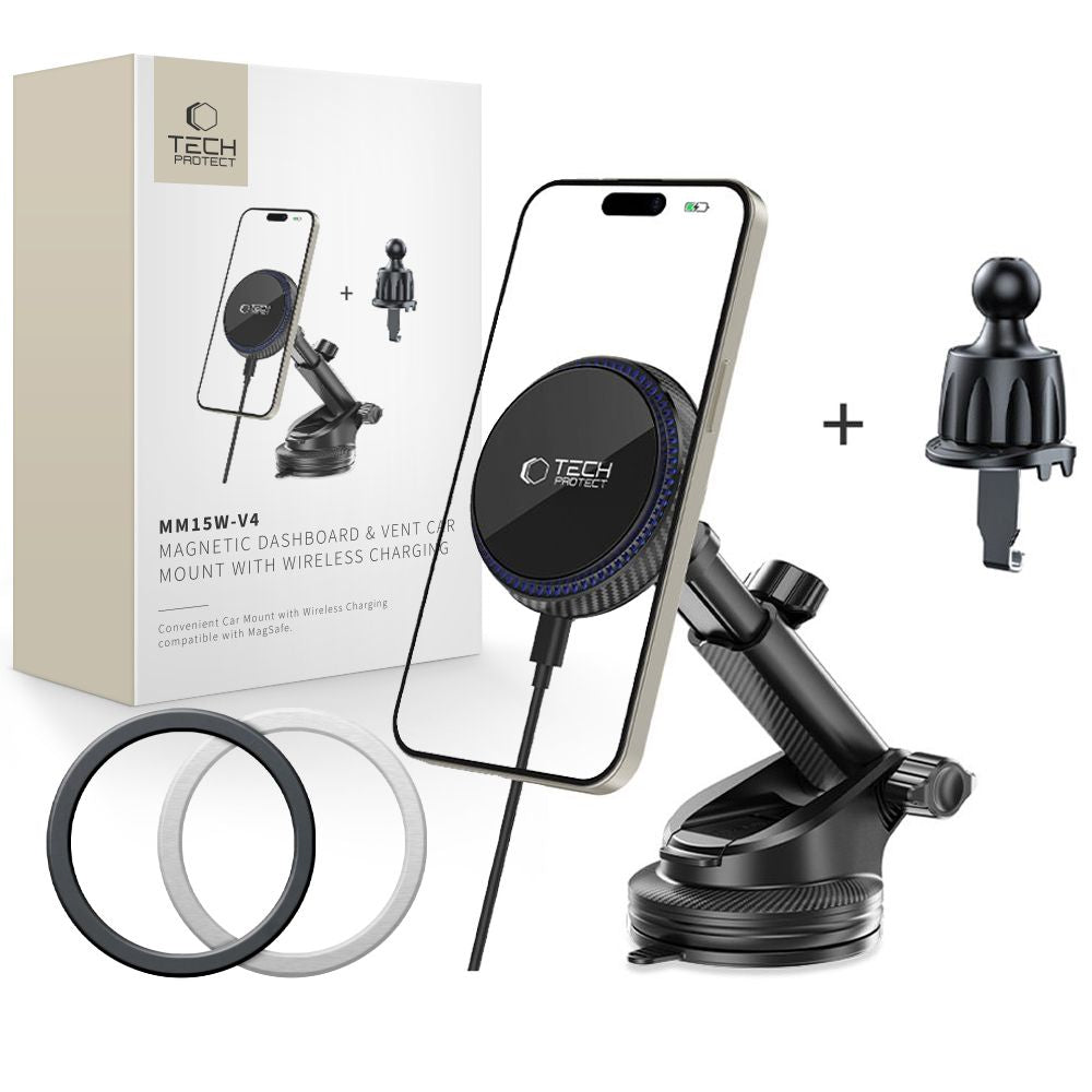 Tech - Protect MM15W - V4 Μαγνητική Βάση για το Ταμπλό και τον Αεραγωγό του Αυτοκινήτου με Ασύρματη Φόρτιση MagSafe 15W - Black