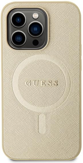 Guess iPhone 15 Pro Max Saffiano MagSafe Σκληρή Θήκη με Πλαίσιο Σιλικόνης και MagSafe - Gold - GUHMP15XPSAHMCB