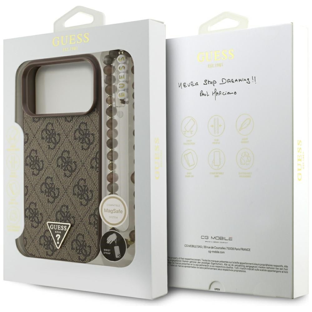 Guess iPhone 17 Pro Max - 4G Strap Triangle Logo MagSafe - Σκληρή Θήκη με Επένδυση Συνθετικού Δέρματος και Λουράκι - Brown - GUHMP17XP4TSDPPSW