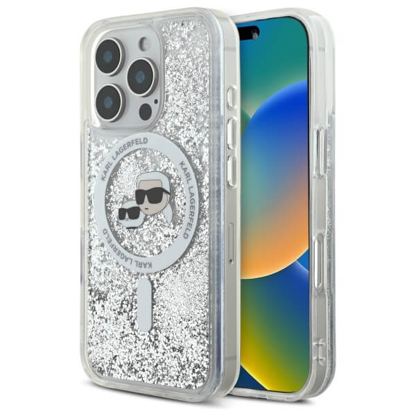 Karl Lagerfeld iPhone 16 Pro Max - Liquid Glitter Karl and Choupette Head - MagSafe Σκληρή Θήκη με Πλαίσιο Σιλικόνης - Διάφανη - KLHMP16XLGKCSGH