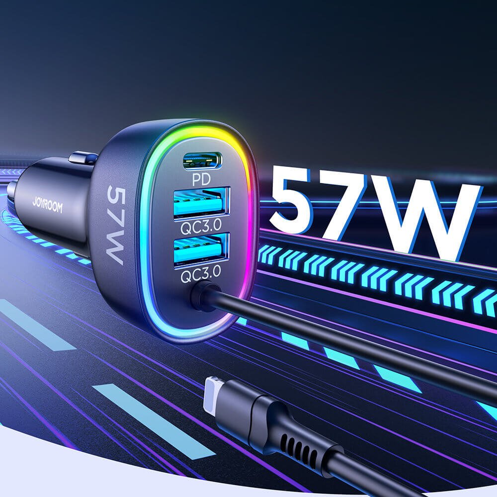 Joyroom JR - CL20 4in1 Fast Car Charger 57W Φορτιστής Αυτοκινήτου με 2 Θύρες USB, 1 Θύρα Type - C και Καλώδιο Lightning 1.6m - Black