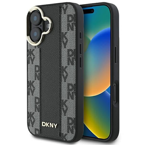 DKNY iPhone 16 - Checkered Pattern MagSafe Σκληρή Θήκη με Επένδυση Συνθετικού Δέρματος - Black