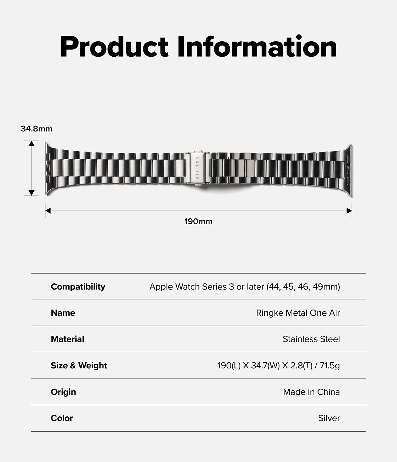 Ringke Λουράκι Apple Watch 8/9/10/11 - SE (1/2/3) - Ultra (1/2/3) – 44/45/46/49mm Από Ανοξείδωτο Ατσάλι - Metal One Air - Silver