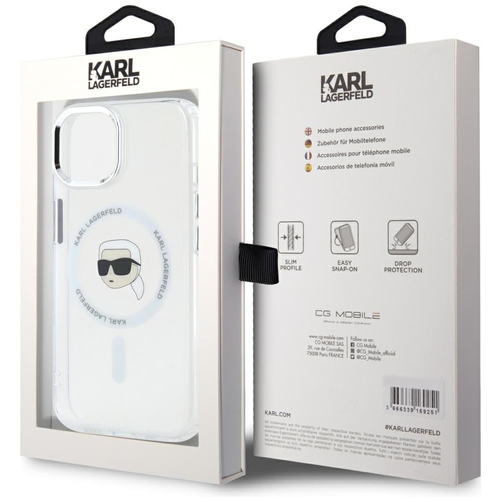 Karl Lagerfeld iPhone 15 Plus - IML Metal Karl Head - MagSafe Σκληρή Θήκη με Πλαίσιο Σιλικόνης - White - KLHMP15MHLSKIH