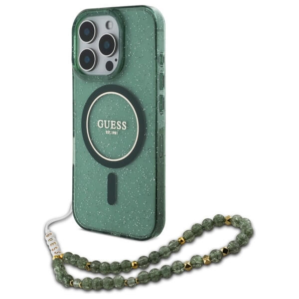 Guess iPhone 16 Pro Max - IML Glitter With Pearl Strap - MagSafe Σκληρή Θήκη με Πλαίσιο Σιλικόνης και Λουράκι - Green - GUHMP16XHGCRELSA