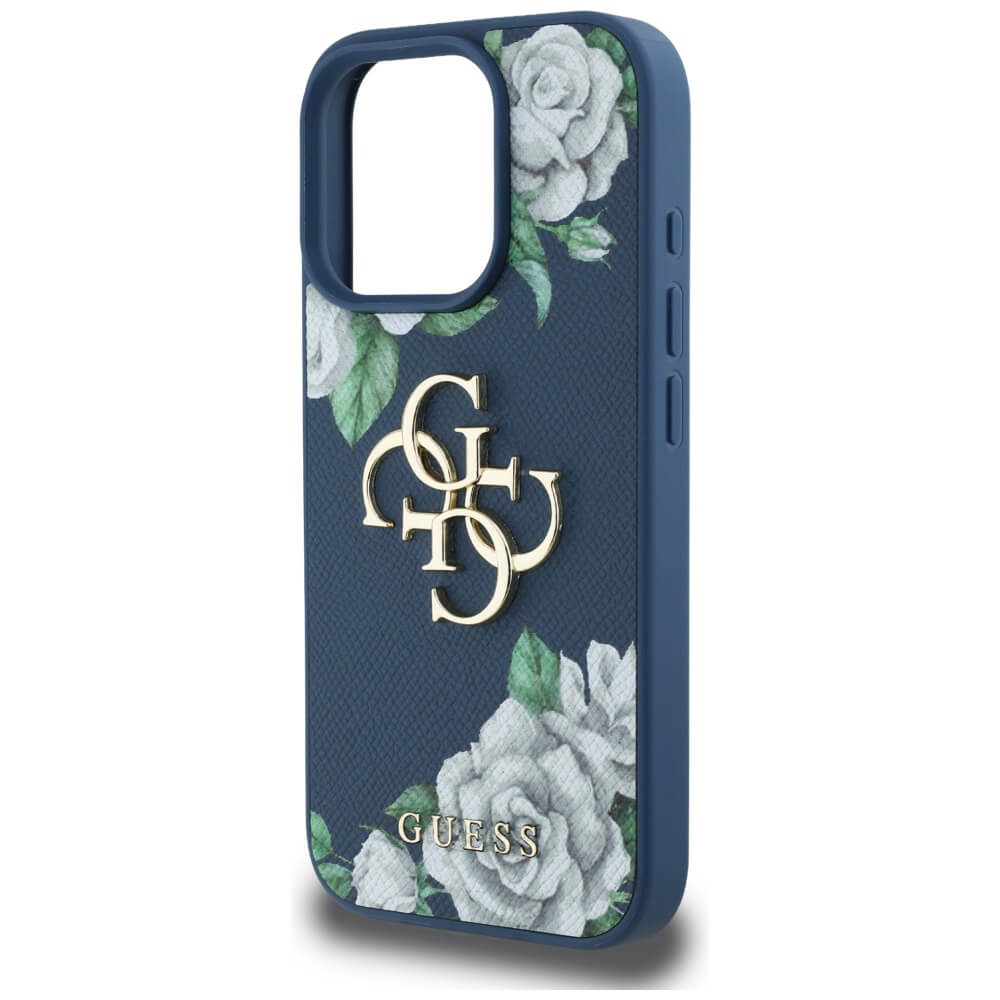 Guess iPhone 16 Pro Max - Grained Roses Big 4G Logo - Σκληρή Θήκη με Επένδυση από Οικολογικό Δέρμα - Blue - GUHCP16XPGROP4MB