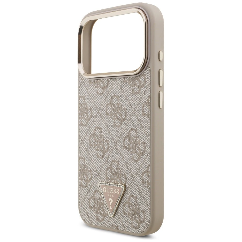 Guess iPhone 17 Pro - 4G Triangle Strass Logo MagSafe - Σκληρή Θήκη με Επένδυση Συνθετικού Δέρματος - Pink / Gold - GUHMP17LP4GTDGMP