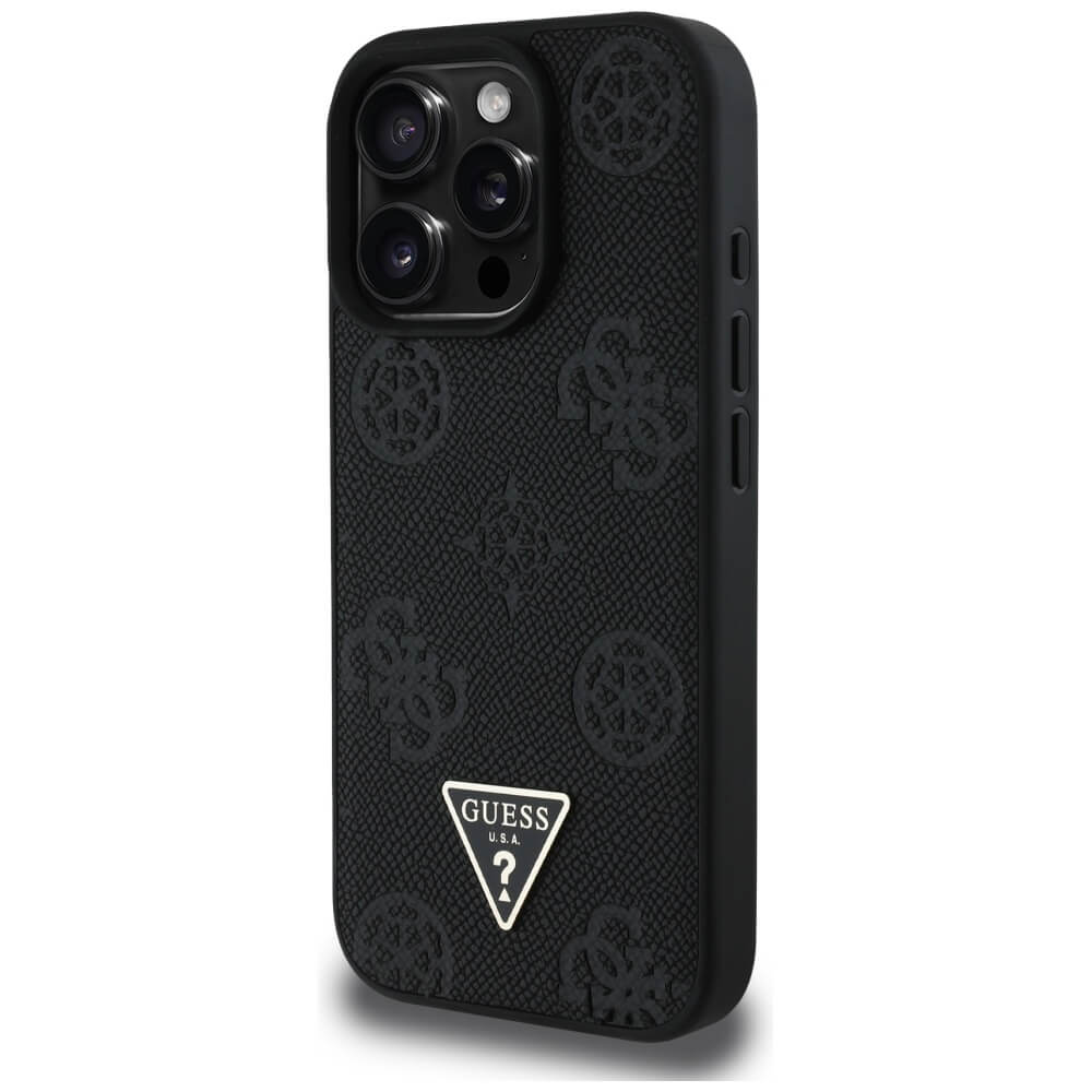 Guess iPhone 16 Pro Max - Grained Hot Stamp Peony Triangle Logo - MagSafe Σκληρή Θήκη με Επένδυση Συνθετικού Δέρματος - Black - GUHMP16XPGBTMK