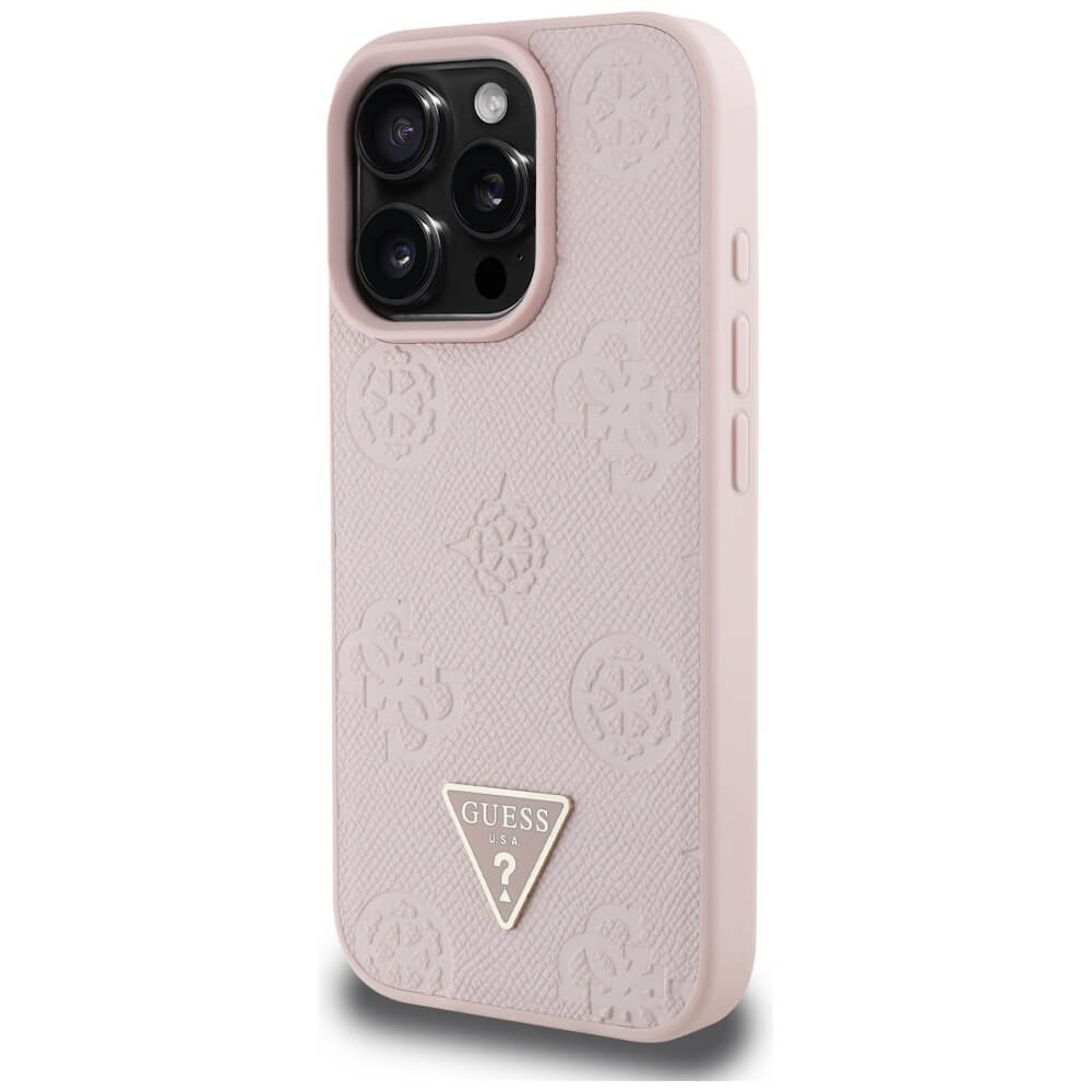 Guess iPhone 16 Pro Max - Grained Hot Stamp Peony Triangle Logo - MagSafe Σκληρή Θήκη με Επένδυση Συνθετικού Δέρματος - Pink - GUHMP16XPGBTMP