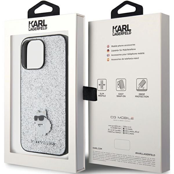 Karl Lagerfeld iPhone 15 Pro Max - Glitter Choupette Logo Metal Logo Σκληρή Θήκη με Πλαίσιο Σιλικόνης - Silver - KLHCP15XGCNPSG