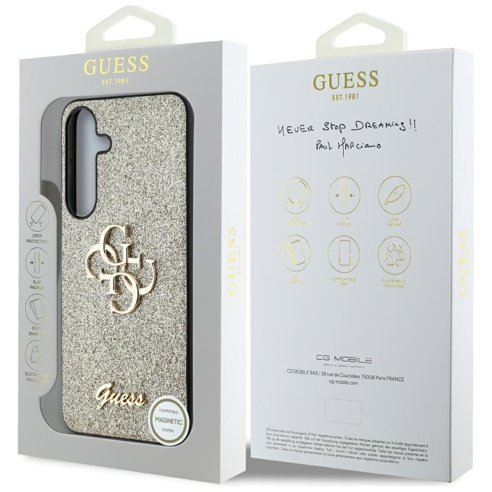 Guess Samsung Galaxy S25 - Fixed Glitter Big 4G - Σκληρή Θήκη με Πλαίσιο Σιλικόνης - Gold - GUHCS25SHG4SGD