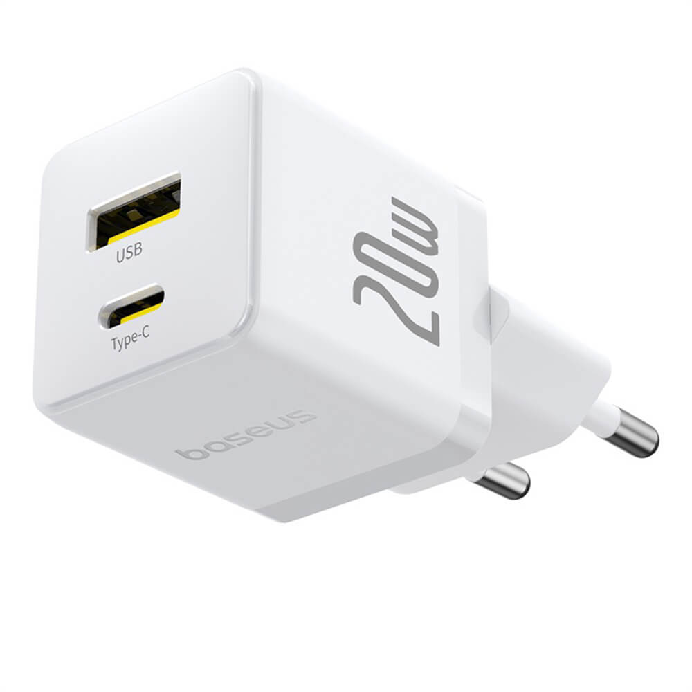 Baseus Palm Οικιακός Φορτιστής Γρήγορης Φόρτισης 20W με 1 Θύρα Type - C και 1 Θύρα USB και Καλώδιο Type - C to Type - C - Moon White
