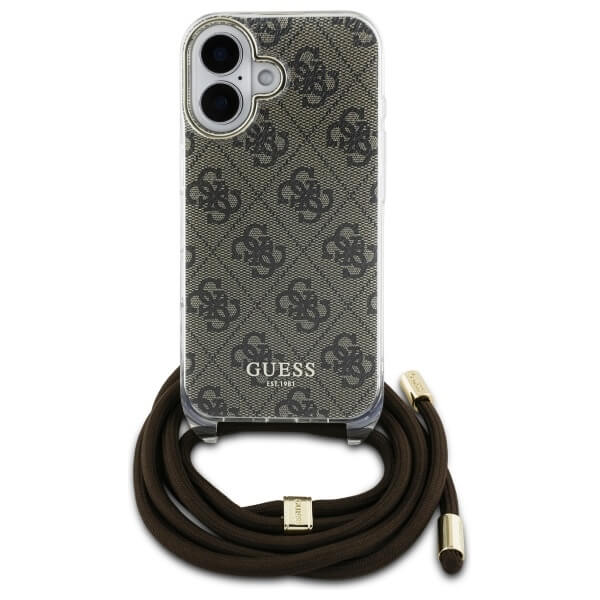 Guess iPhone 16 - Crossbody Cord 4G Print - Σκληρή Θήκη με Πλαίσιο Σιλικόνης και Λουράκι - Brown - GUHCP16SHC4SEW
